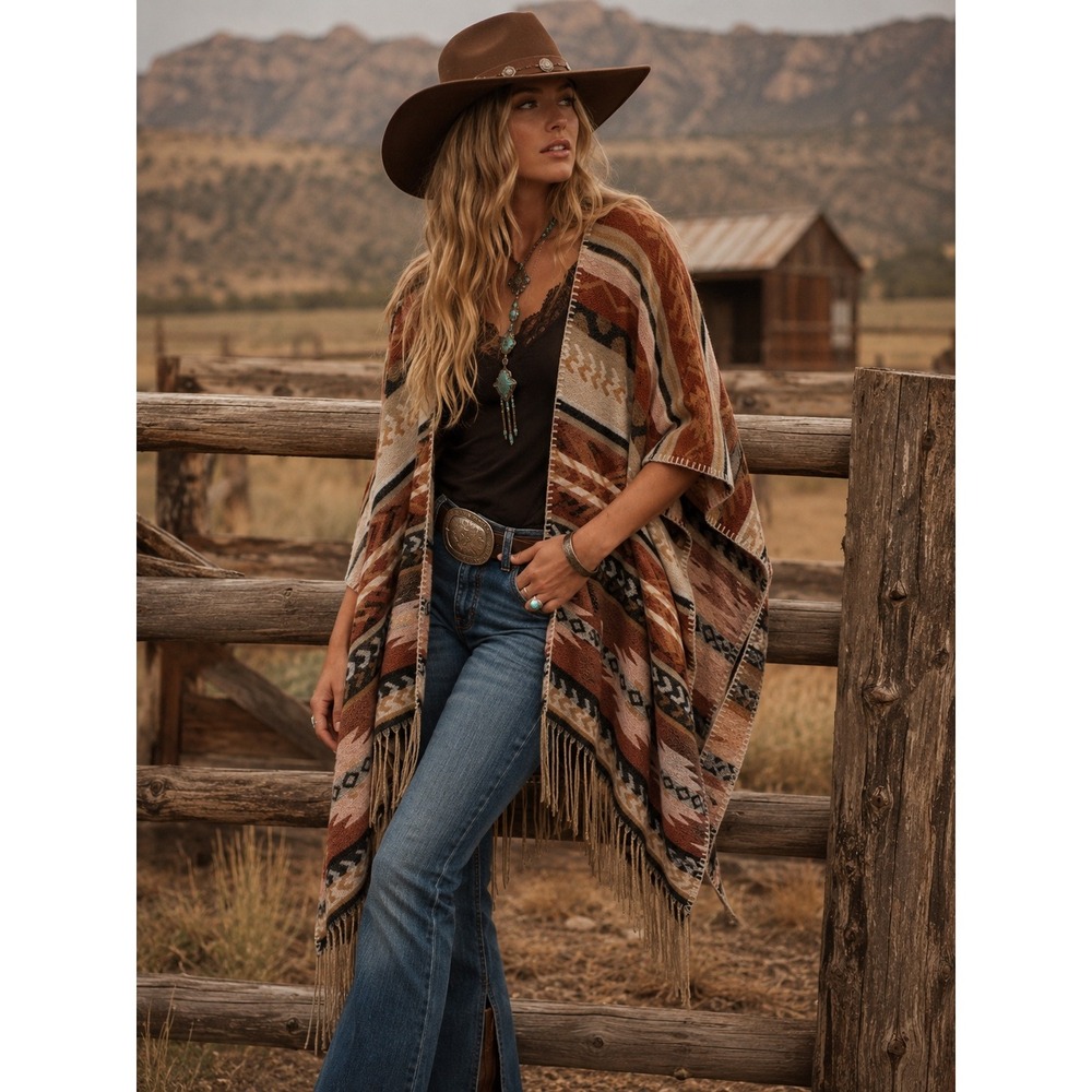 Natural Reflections Womens Southwestern Fringe Poncho Brown Geometric One Size
